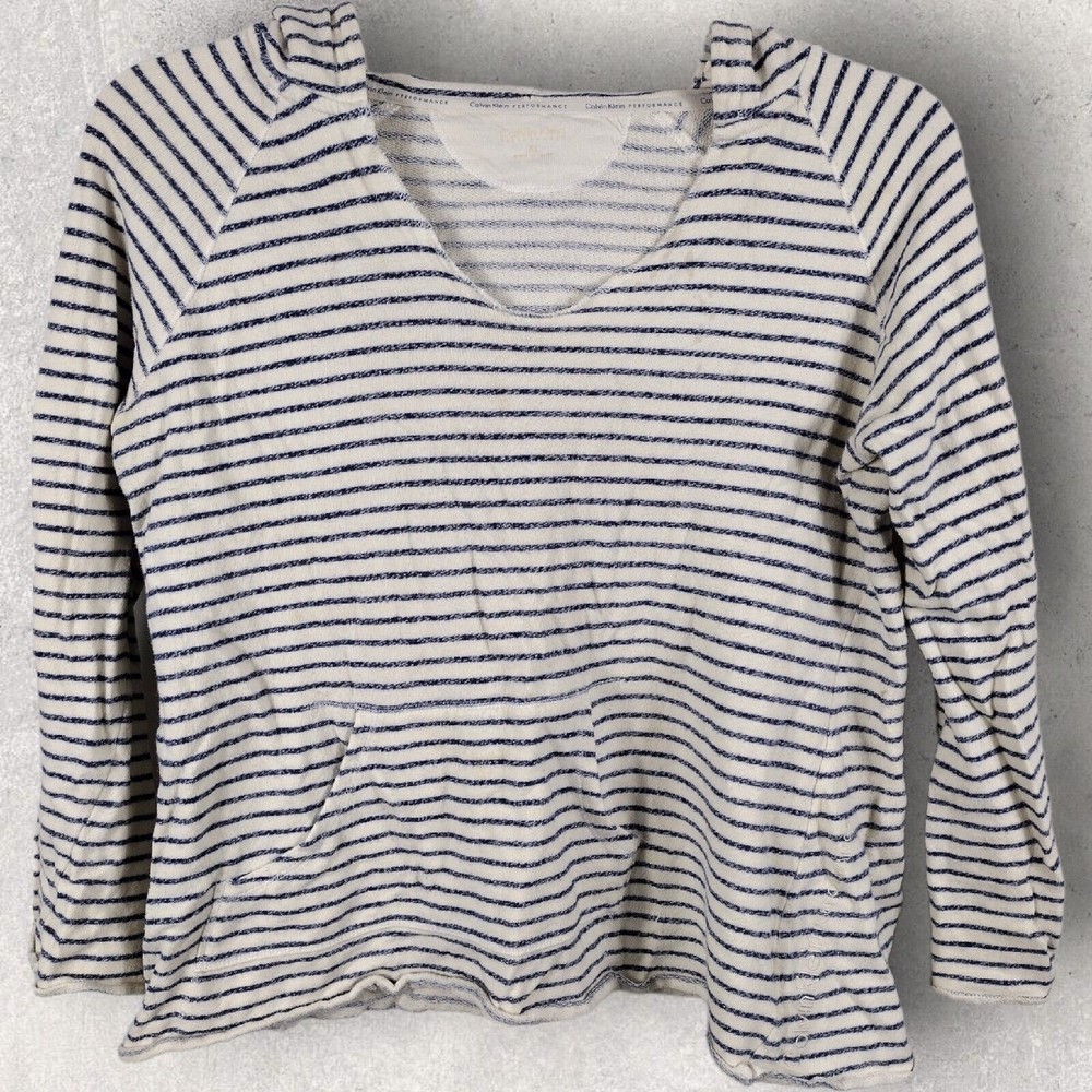 USED Calvin Klein Women's XL Striped Athletic Hooded Long Sleeve 100% Cotton Top